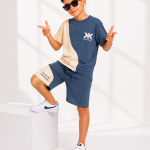 Komplet chłopięcy T-shirt + spodenki – niebiesko-beżowy